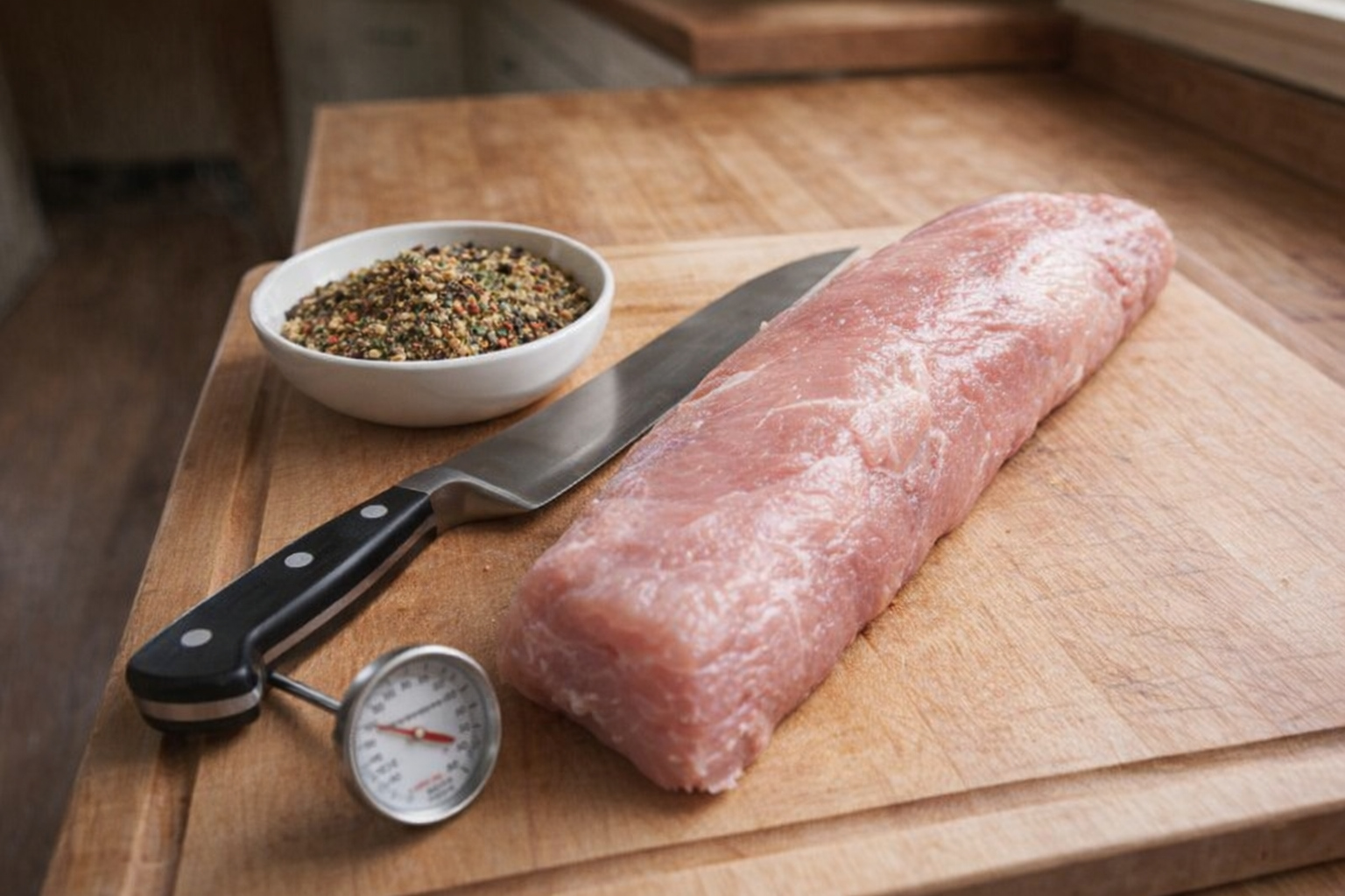 A raw pork tenderloin on a cutting board, trimmed of silverskin, next to a bowl of mixed spices, a chef's knife, and a meat thermometer, natural light